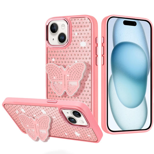iPhone 15 Pink Butterfly Grip Diamond Hybrid Case