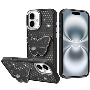 iPhone 16 6.1 - Butterfly Grip Diamond Hybrid Case - Black