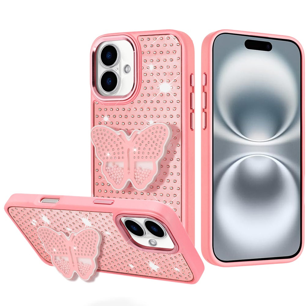 iPhone 16 6.1 - Butterfly Grip Diamond Hybrid Case - Pink