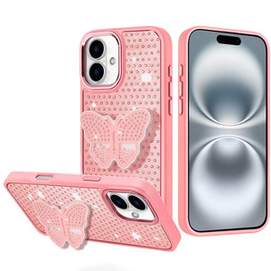 iPhone 16 6.1 - Butterfly Grip Diamond Hybrid Case - Pink