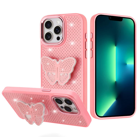 iPhone 13 Pro Max Pink Butterfly Diamond Grip Case