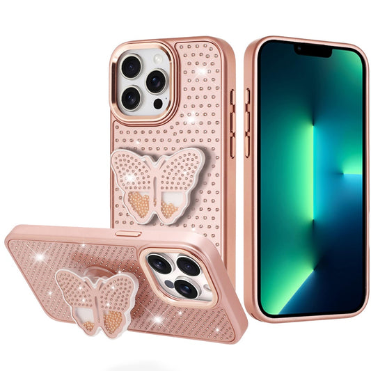 iPhone 13 Pro Max Rose Gold Butterfly Diamond Grip Case