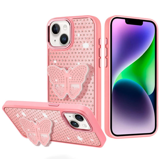 iPhone 13/14 Pink Butterfly Grip Diamond Hybrid Case