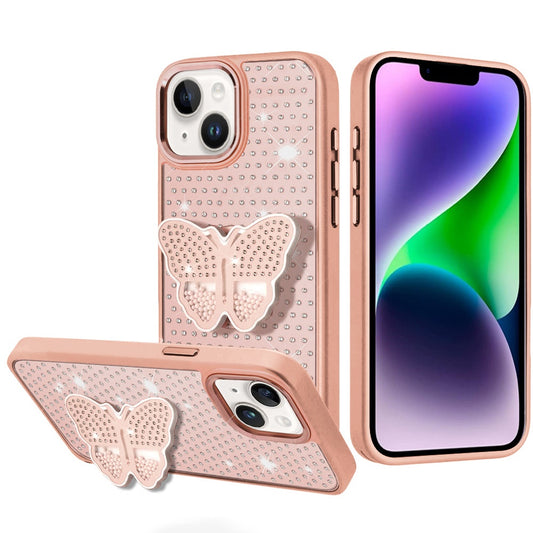iPhone 13/14 Rose Gold Butterfly Grip Diamond Hybrid Case