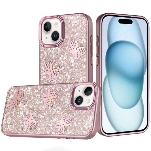 iPhone 15/14 Plus Pink Butterfly Bling Hybrid Case