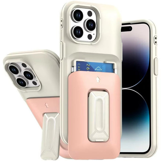 iPhone 14 Pro Max Beige+Pink Card Holder Kickstand Case