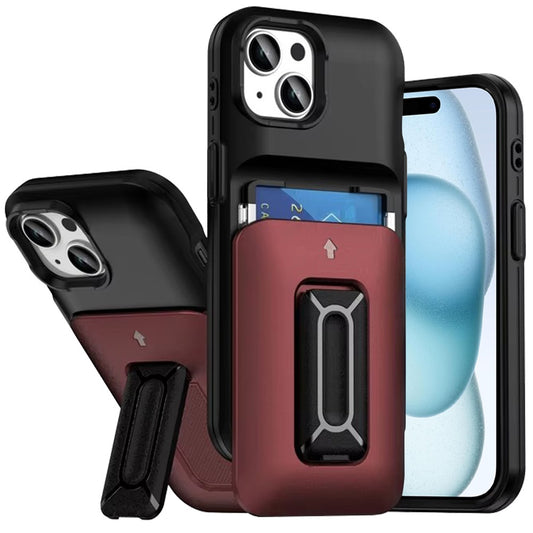 iPhone 15 Black+Red Card Holder Kickstand Case