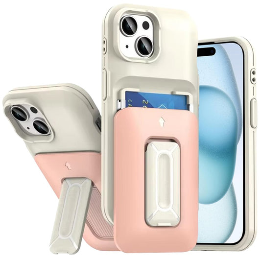 iPhone 15 Beige+Pink Card Holder Kickstand Case
