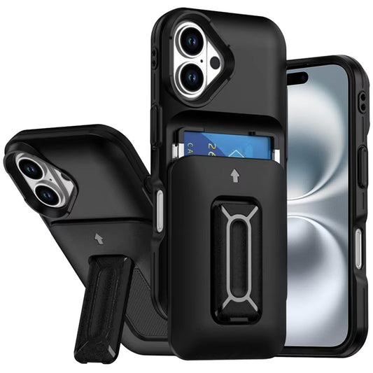 iPhone 16 6.1 - Dual Card Holder Strap Hybrid Case - Black+Black