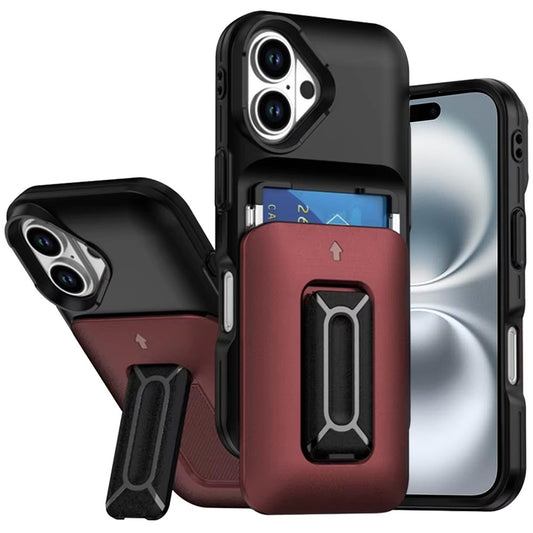 iPhone 16 6.1 - Dual Card Holder Strap Hybrid Case - Black+Red