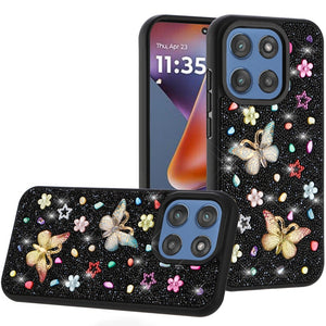 Moto G 5G 2025 Black Butterfly Bling Glitter Hybrid Case