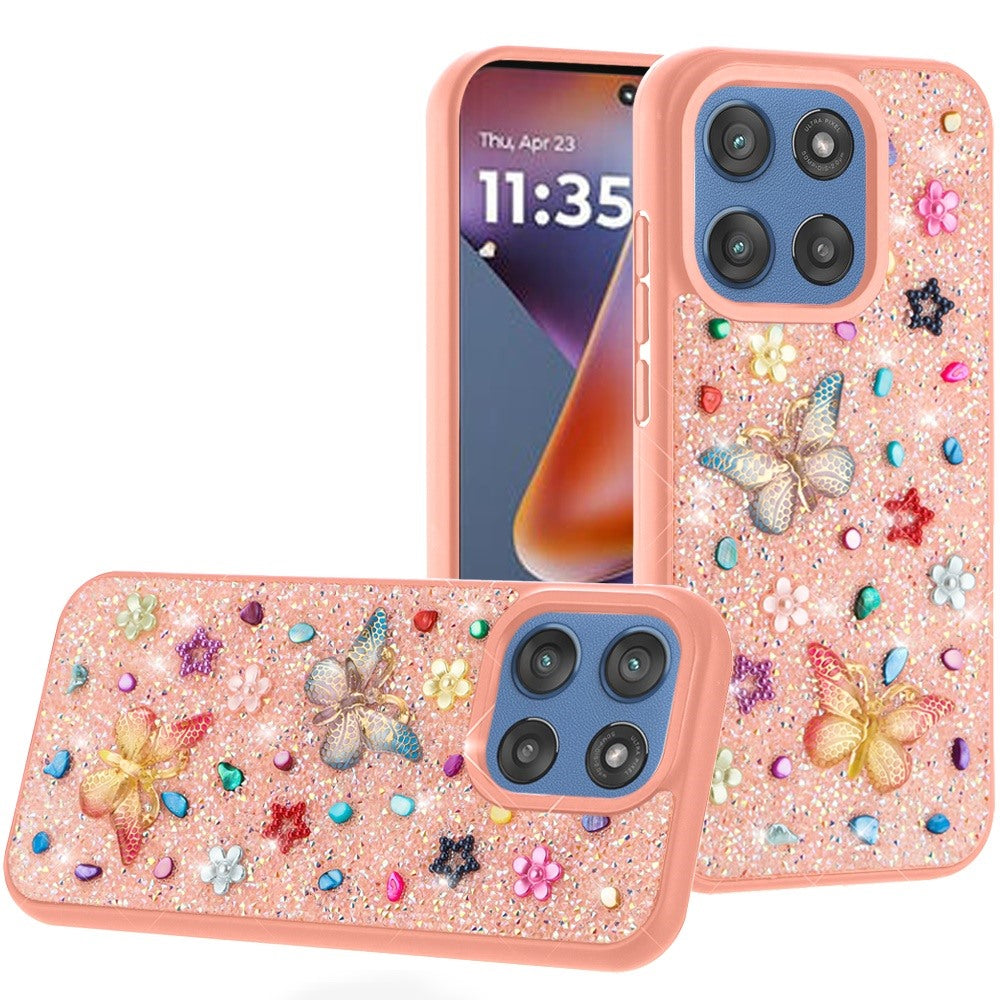 Moto G 5G 2025 Pink Butterfly Bling Glitter Hybrid Case