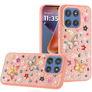 Moto G 5G 2025 Pink Butterfly Bling Glitter Hybrid Case