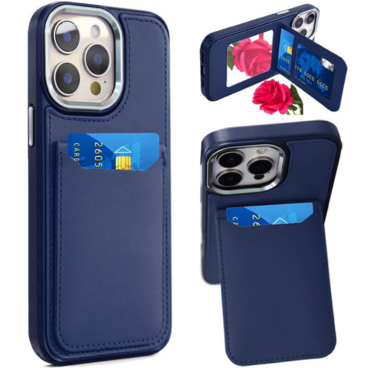 iPhone 14 Pro Max Dark Blue PU Leather Mirror Card Case