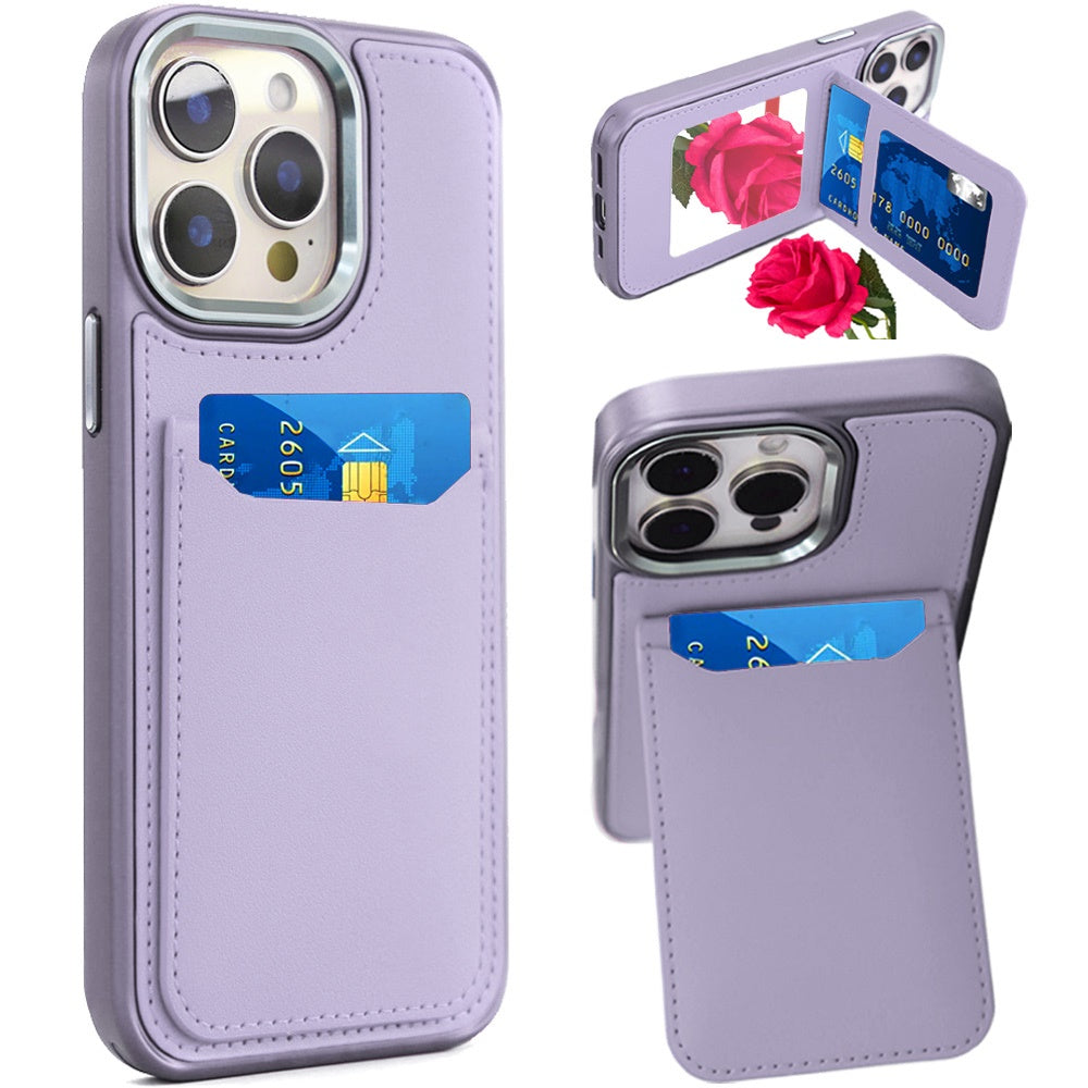 iPhone 14 Pro Max Light Purple PU Leather Mirror Card Case