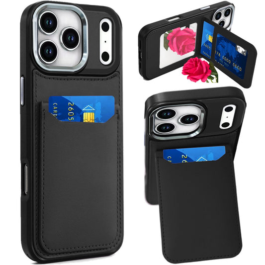 iPhone 17 Pro Max Leather Wallet Mirror Hybrid Case - Black