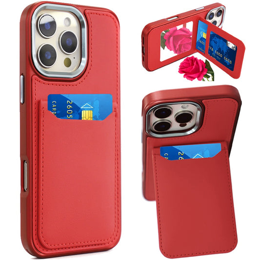 iPhone 16 Pro Max 6.9 inch Card Holder with Mirror PU Leather Hybrid Case - Red