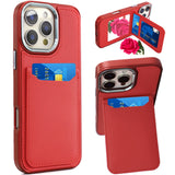 iPhone 16 Pro Max 6.9 inch Card Holder with Mirror PU Leather Hybrid Case - Red
