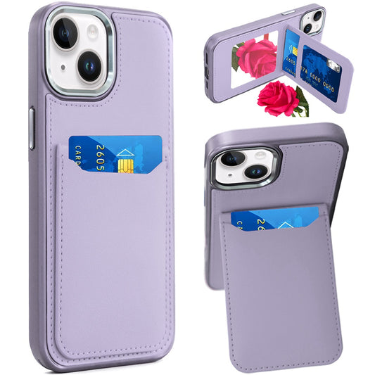 iPhone 15 Light Purple PU Leather Mirror Card Case