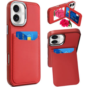 iPhone 16 6.1 - Card Holder Mirror PU Hybrid Case - Red