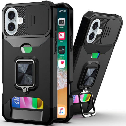 iPhone 16 Plus 6.7 - Card Magnetic Ring Stand Hybrid Case - Black