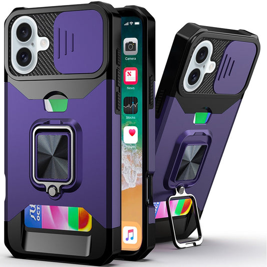 iPhone 16 Plus 6.7 - Card Magnetic Ring Stand Hybrid Case - Dark Purple