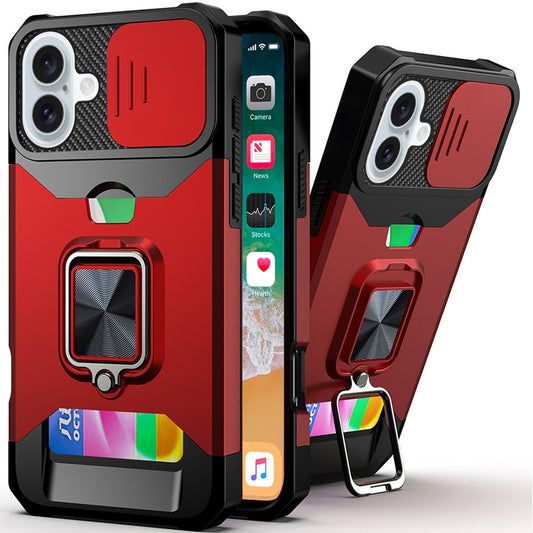 iPhone 16 Plus 6.7 - Card Magnetic Ring Stand Hybrid Case - Red