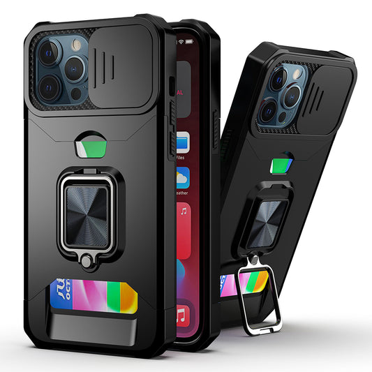 iPhone 12/12 Pro Black Card Ring Stand Hybrid Case