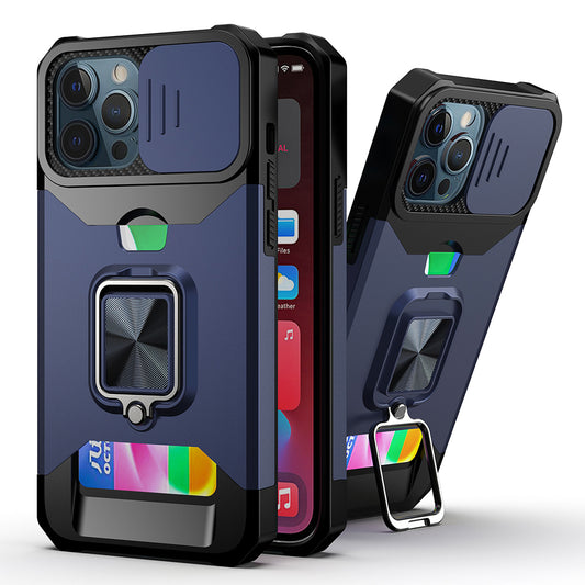 iPhone 14 Pro Max Blue Card Ring Stand Hybrid Case