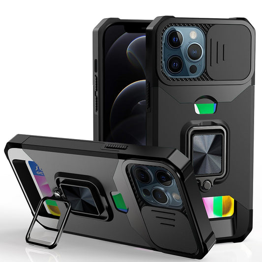 iPhone 12 Pro Max Black Card Ring Stand Hybrid Case
