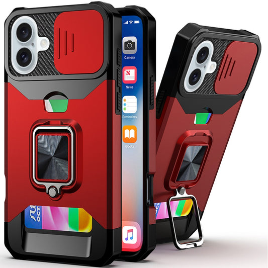 iPhone 16 6.1 - Card Magnetic Ring Stand Hybrid Case - Red
