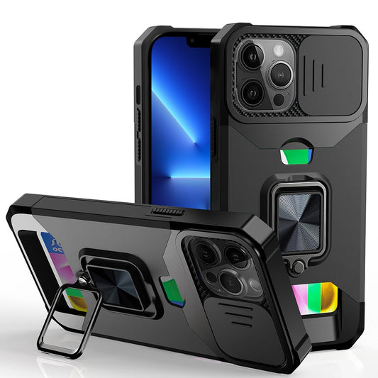 iPhone 13 Pro Black Card Ring Stand Hybrid Case