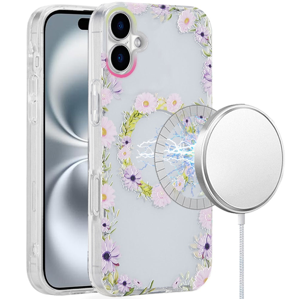 iPhone 16 Plus 6.7 - Magnetic Circle Double Layer TPU Case - Yellow/Purple Floral
