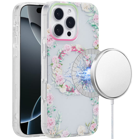 iPhone 16 Pro 6.3 - Magnetic Circle Double Layer TPU Case - Green/Pink Floral