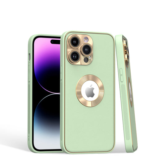iPhone 15 Pro Light Green Disc Chrome PU Leather Case