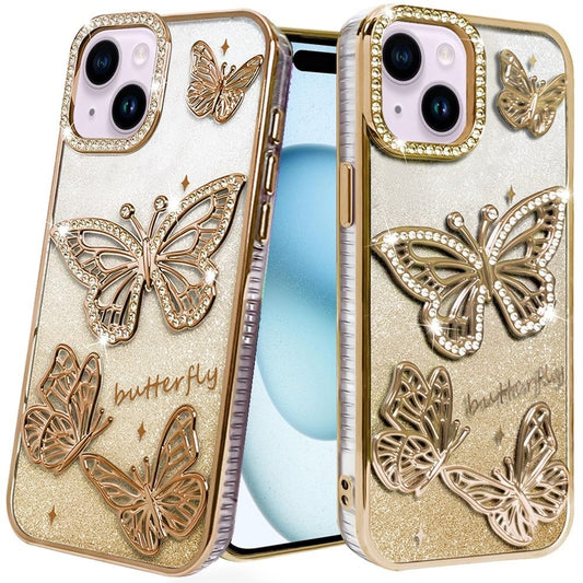 iPhone 15 Gold Butterfly Glitter TPU Case