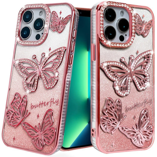 iPhone 15 Pro Max Rose Gold Butterfly Glitter TPU Case