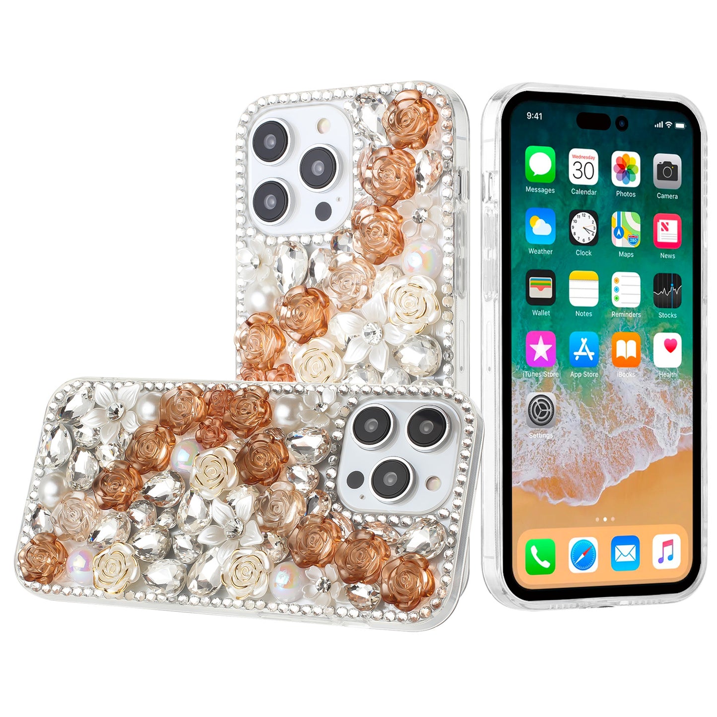 iPhone 15 Pro Gold Rose Flower Diamond Bling Case