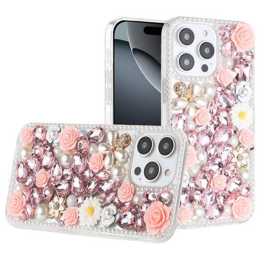 iPhone 16 Pro 6.3 - Rose Flower Diamond Bling Case - Pink