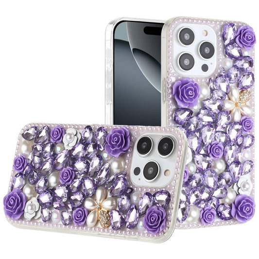 iPhone 16 Pro 6.3 - Rose Flower Diamond Bling Case - Purple