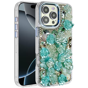 iPhone 16 Pro Max 6.9 Muti-Color Floral Bling Stones Ornaments Case - Blue