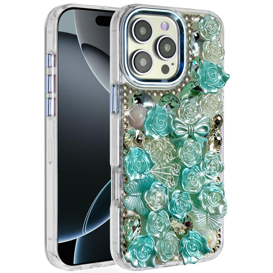 iPhone 16 Pro Max 6.9 Muti-Color Floral Bling Stones Ornaments Case - Blue