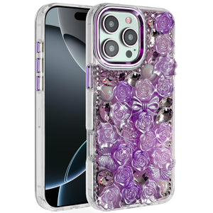 iPhone 16 Pro Max 6.9 Muti-Color Floral Bling Stones Ornaments Case - Purple