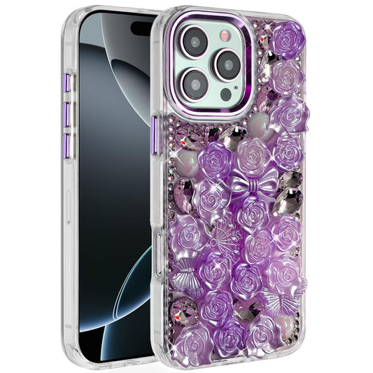 iPhone 16 Pro Max 6.9 Muti-Color Floral Bling Stones Ornaments Case - Purple