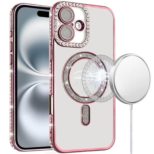 iPhone 16 6.1 - Glitter Magnetic Diamond TPU Case - Rose Gold