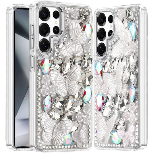 Samsung S24 Ultra Silver Floral Butterfly Bling Stones Case