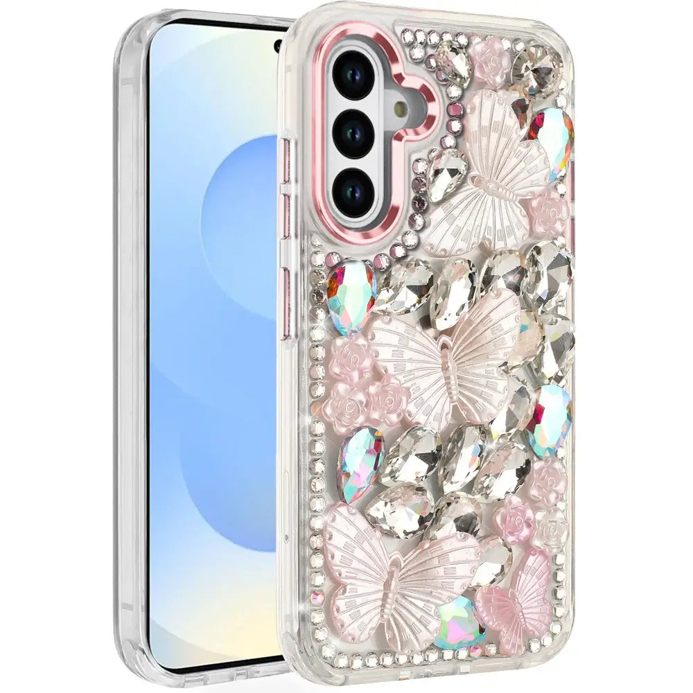 Samsung S25/S24 Pink Floral Butterfly Bling Stones Hybrid Case