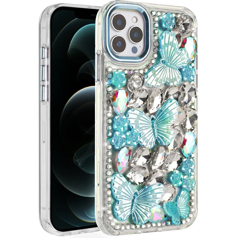 iPhone 12 Pro Max Blue Butterfly Bling Stones Case