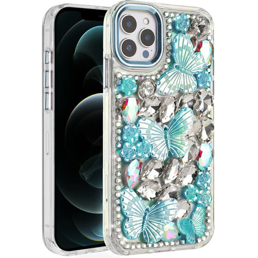 iPhone 12 Pro Max Blue Butterfly Bling Stones Case
