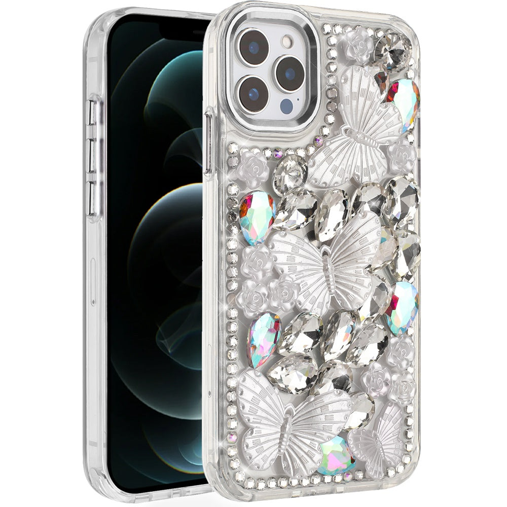iPhone 12 Pro Max Silver Butterfly Bling Stones Case